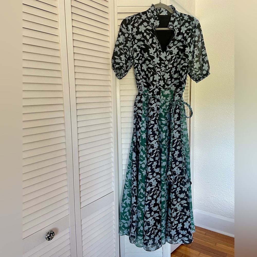Elie Tahari Midi Dress Size S Floral Belt Tie Button Ruffle Neckline Like New